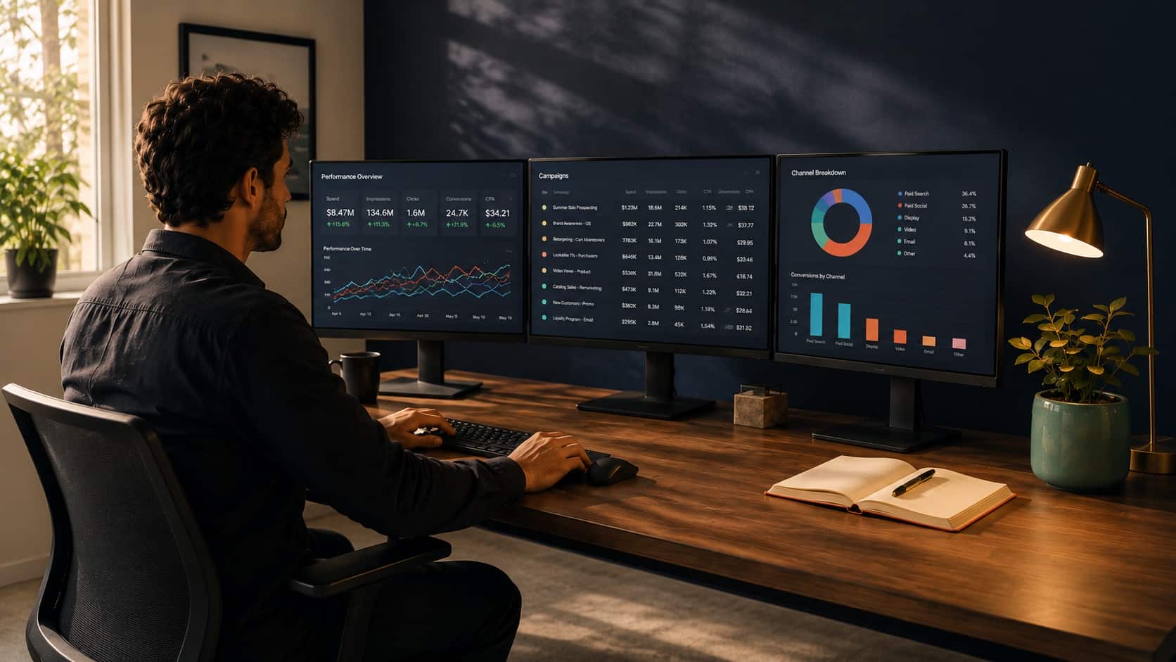 An analyst reviewing live programmatic campaign dashboards across three monitors